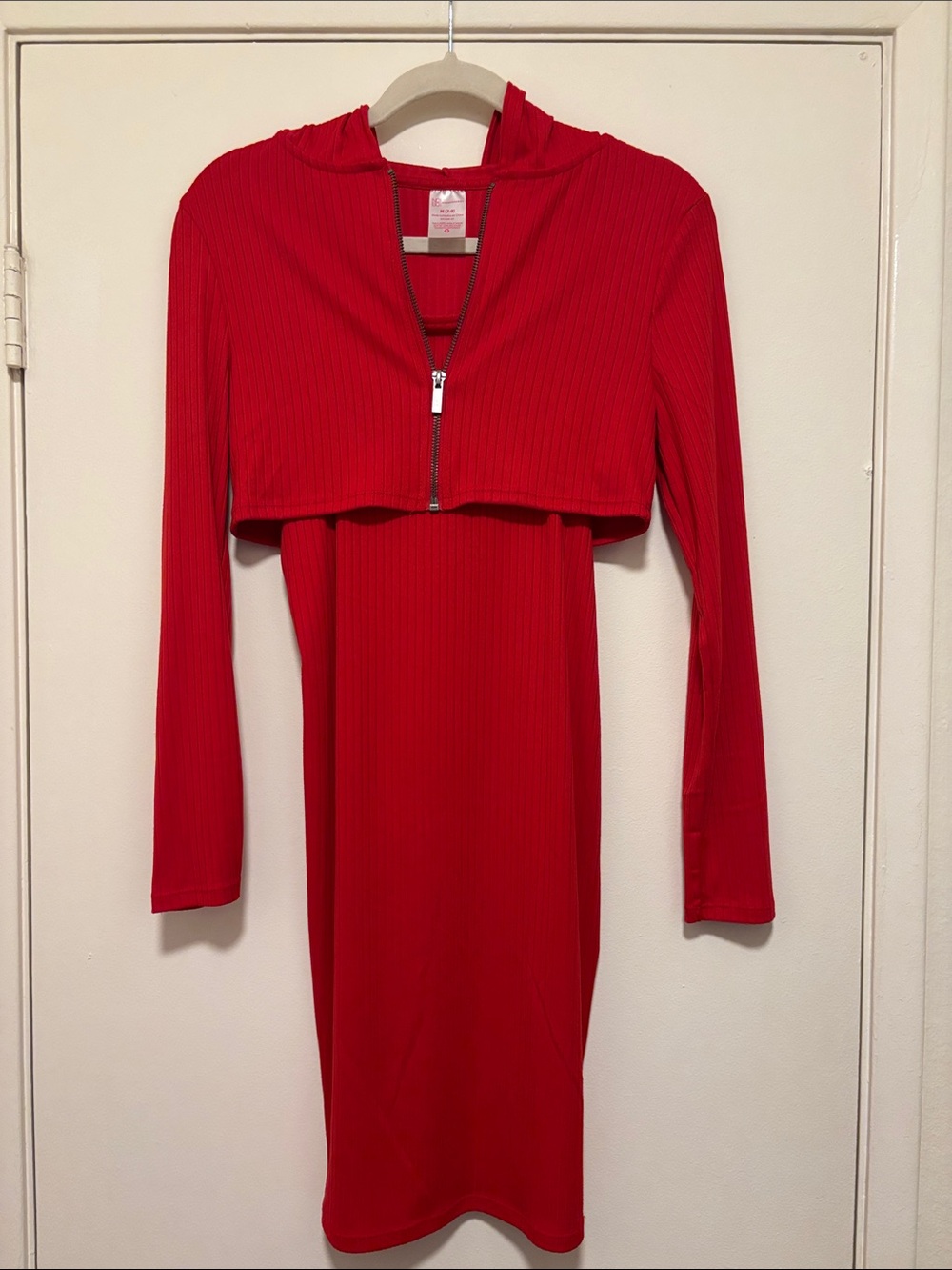 No Boundaries Red Ribbed Long Sleeve Hooded Bodycon Dress with Front Zip